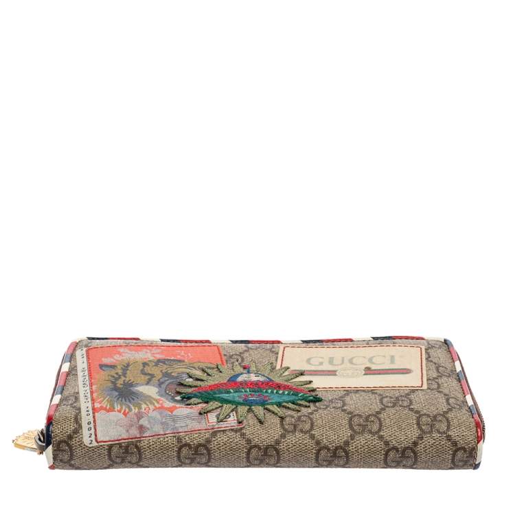 Pre Owned Gucci Beige/Brown GG Supreme Canvas And Leather Applique Courrier Zip Around Wallet