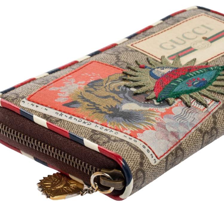 Pre Owned Gucci Beige/Brown GG Supreme Canvas And Leather Applique Courrier Zip Around Wallet