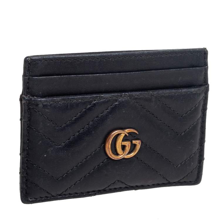 Pre Owned Gucci Black Chevron Leather GG Marmont Card Holder