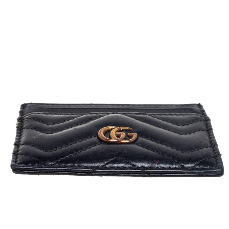 Pre Owned Gucci Black Chevron Leather GG Marmont Card Holder