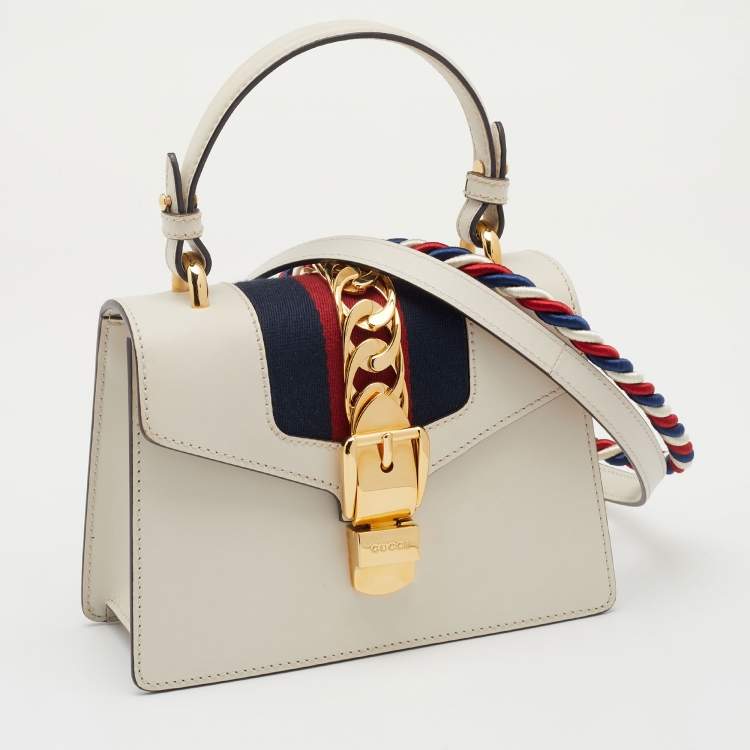 Pre Owned Gucci Off White Leather Mini Web Chain Sylvie Top Handle Bag