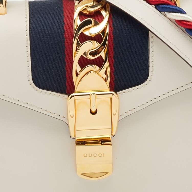 Pre Owned Gucci Off White Leather Mini Web Chain Sylvie Top Handle Bag