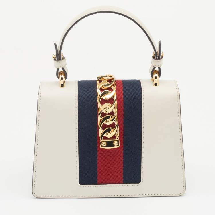 Pre Owned Gucci Off White Leather Mini Web Chain Sylvie Top Handle Bag