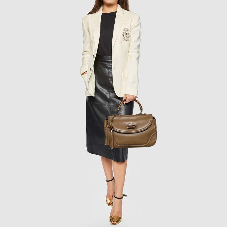 Pre Owned Gucci Brown Leather Large New Bamboo Tassel Top Handle bag
