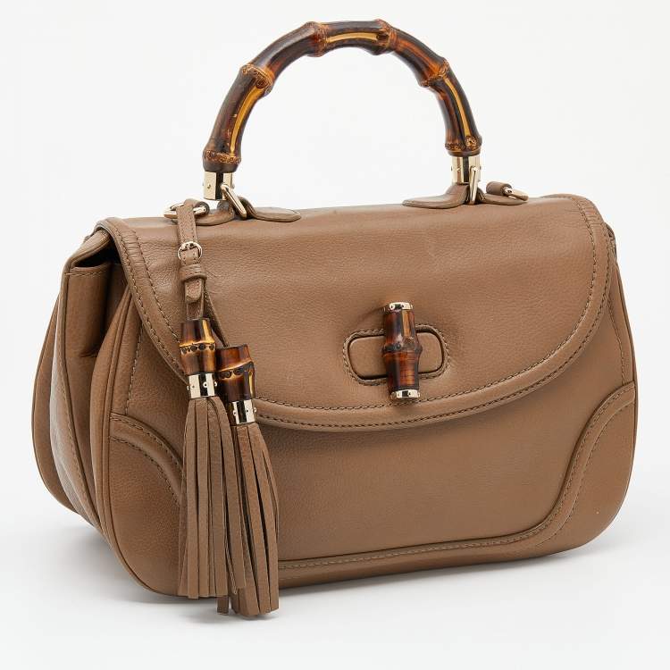 Pre Owned Gucci Brown Leather Large New Bamboo Tassel Top Handle bag