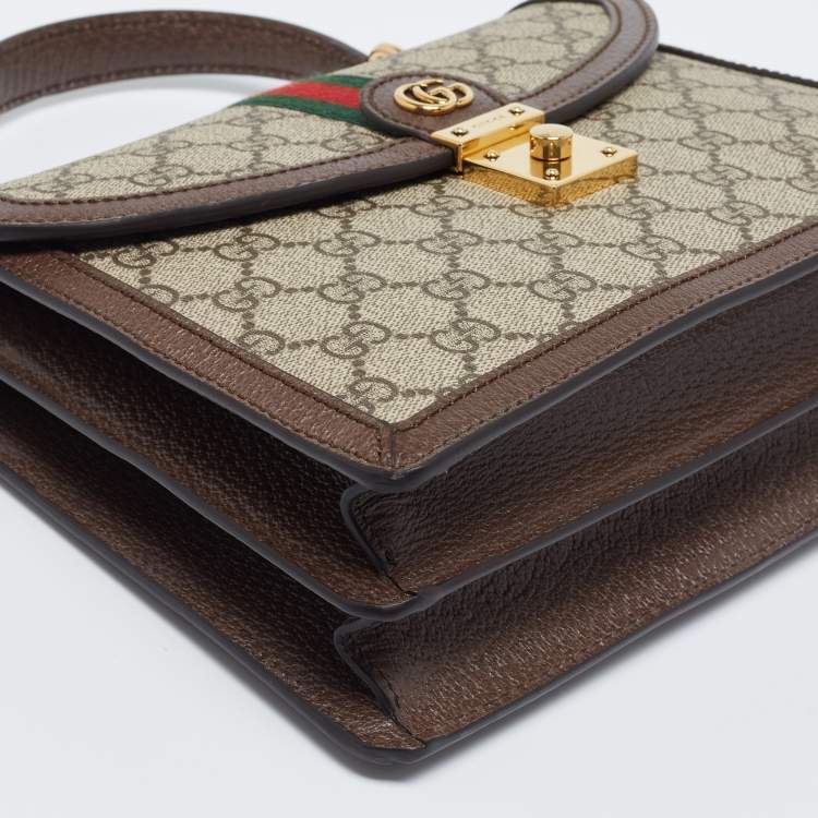 Pre Owned Gucci Beige/Brown Supreme Canvas And Leather Small Ophidia Top Handle Bag