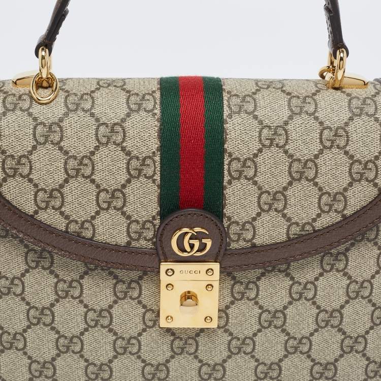 Pre Owned Gucci Beige/Brown Supreme Canvas And Leather Small Ophidia Top Handle Bag