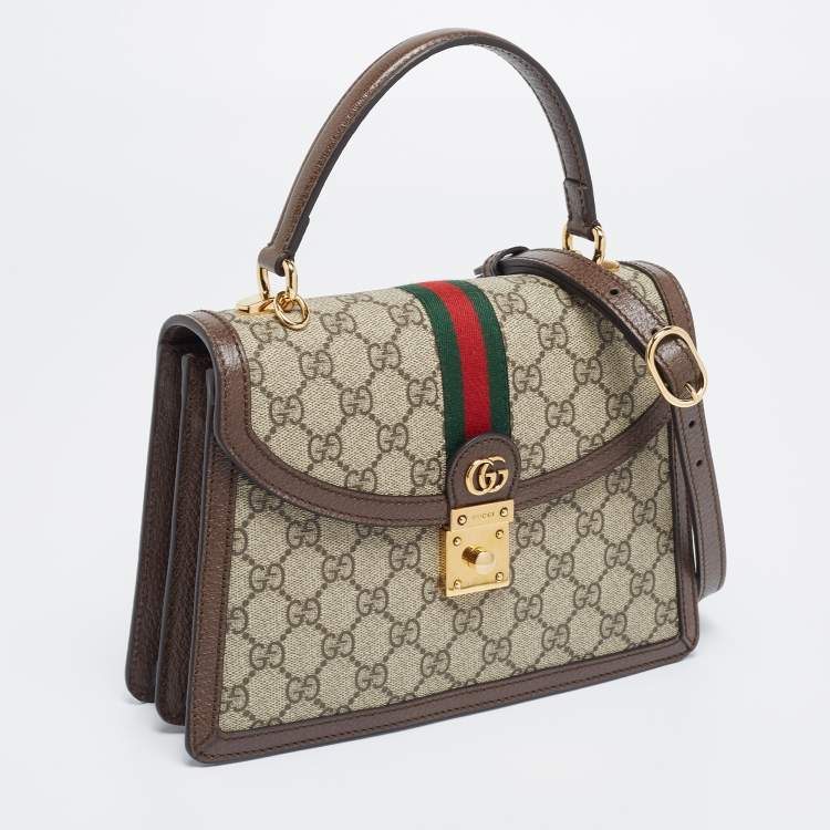 Pre Owned Gucci Beige/Brown Supreme Canvas And Leather Small Ophidia Top Handle Bag
