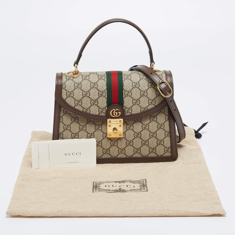 Pre Owned Gucci Beige/Brown Supreme Canvas And Leather Small Ophidia Top Handle Bag