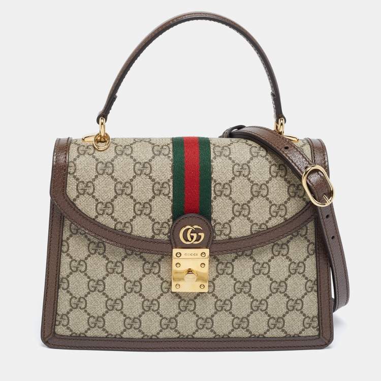 Pre Owned Gucci Beige/Brown Supreme Canvas And Leather Small Ophidia Top Handle Bag