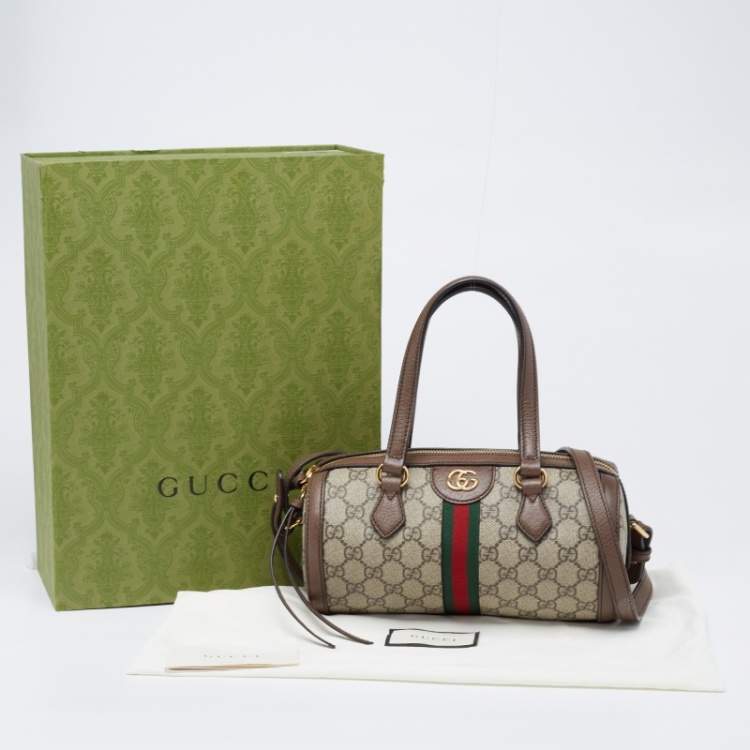 Pre Owned Gucci Beige/Brown GG Supreme Canvas and Leather Small Ophidia Boston Bag
