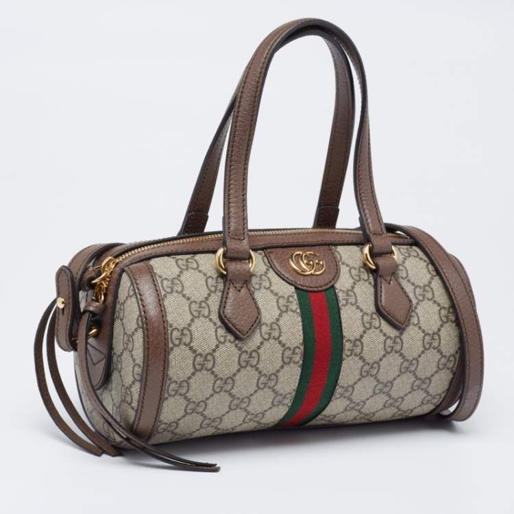 Pre Owned Gucci Beige/Brown GG Supreme Canvas and Leather Small Ophidia Boston Bag