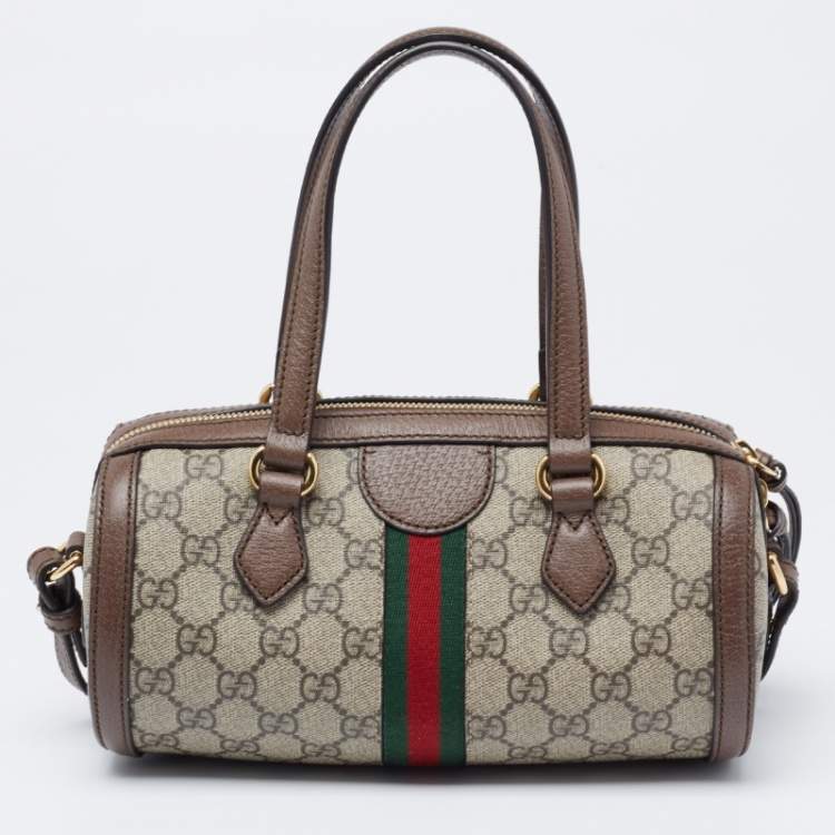 Pre Owned Gucci Beige/Brown GG Supreme Canvas and Leather Small Ophidia Boston Bag