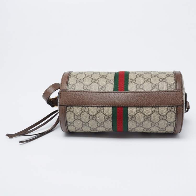Pre Owned Gucci Beige/Brown GG Supreme Canvas and Leather Small Ophidia Boston Bag