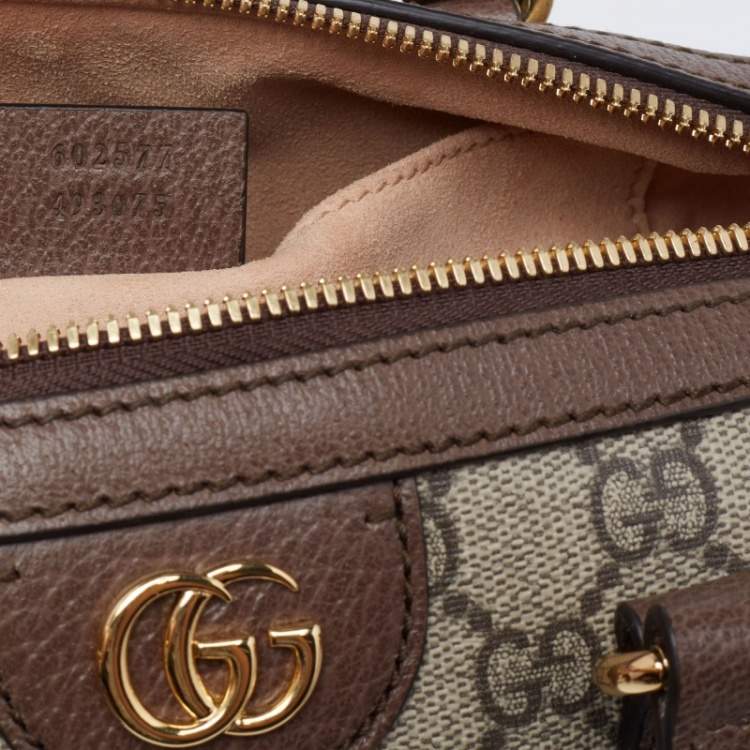 Pre Owned Gucci Beige/Brown GG Supreme Canvas and Leather Small Ophidia Boston Bag