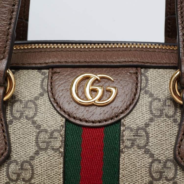 Pre Owned Gucci Beige/Brown GG Supreme Canvas and Leather Small Ophidia Boston Bag