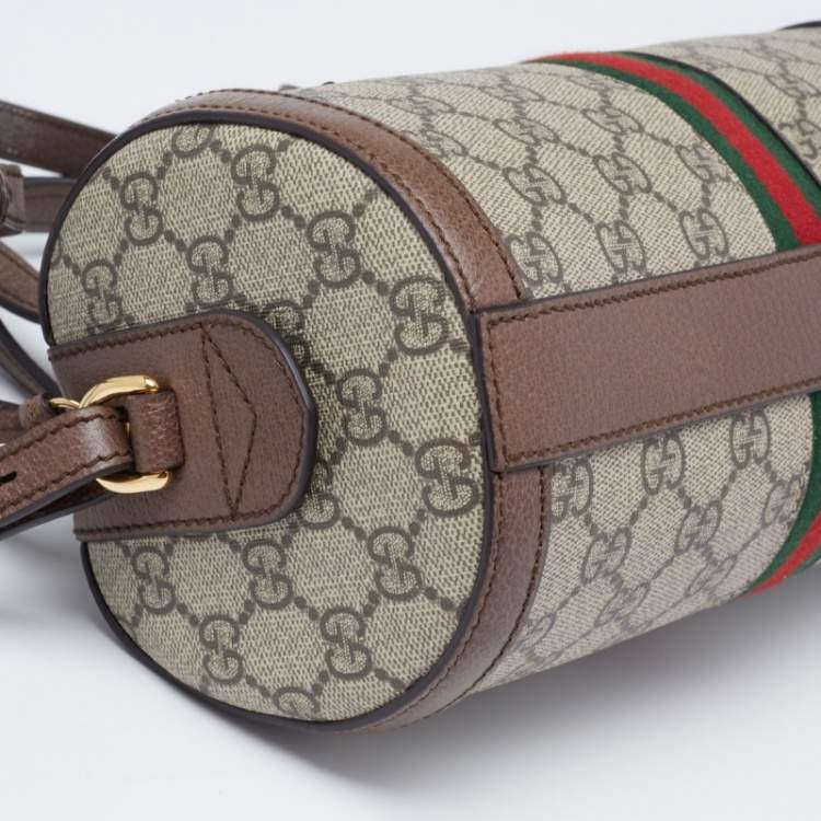 Pre Owned Gucci Beige/Brown GG Supreme Canvas and Leather Small Ophidia Boston Bag