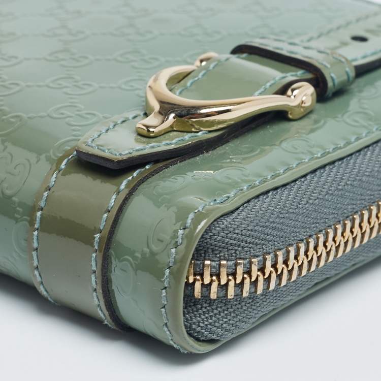 Pre Owned Gucci Green Microguccissima Patent Leather Zip Around Wallet 