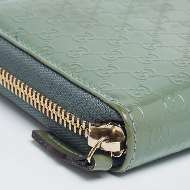 Pre Owned Gucci Green Microguccissima Patent Leather Zip Around Wallet 