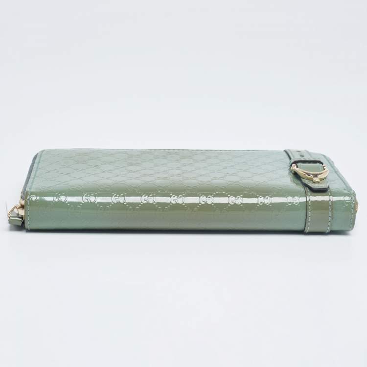 Pre Owned Gucci Green Microguccissima Patent Leather Zip Around Wallet 