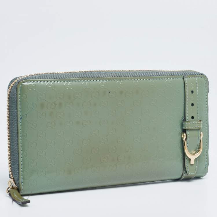 Pre Owned Gucci Green Microguccissima Patent Leather Zip Around Wallet 