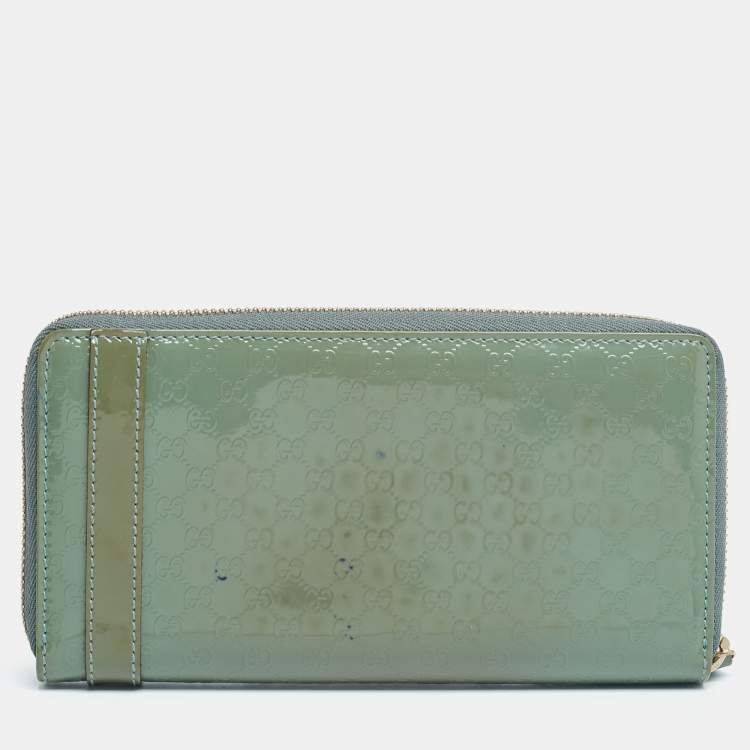 Pre Owned Gucci Green Microguccissima Patent Leather Zip Around Wallet 