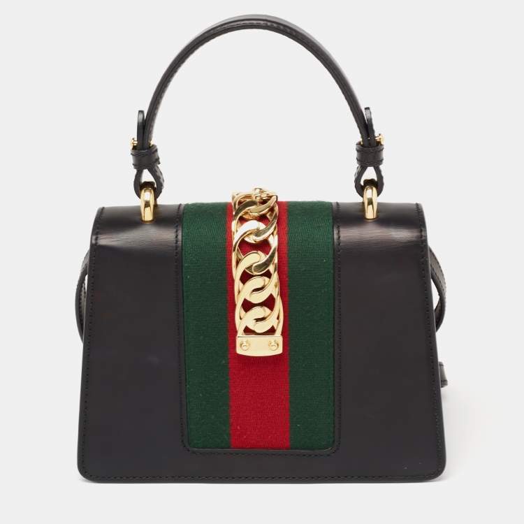 Pre Owned Gucci Black Leather Mini Web Chain Sylvie Top Handle Bag
