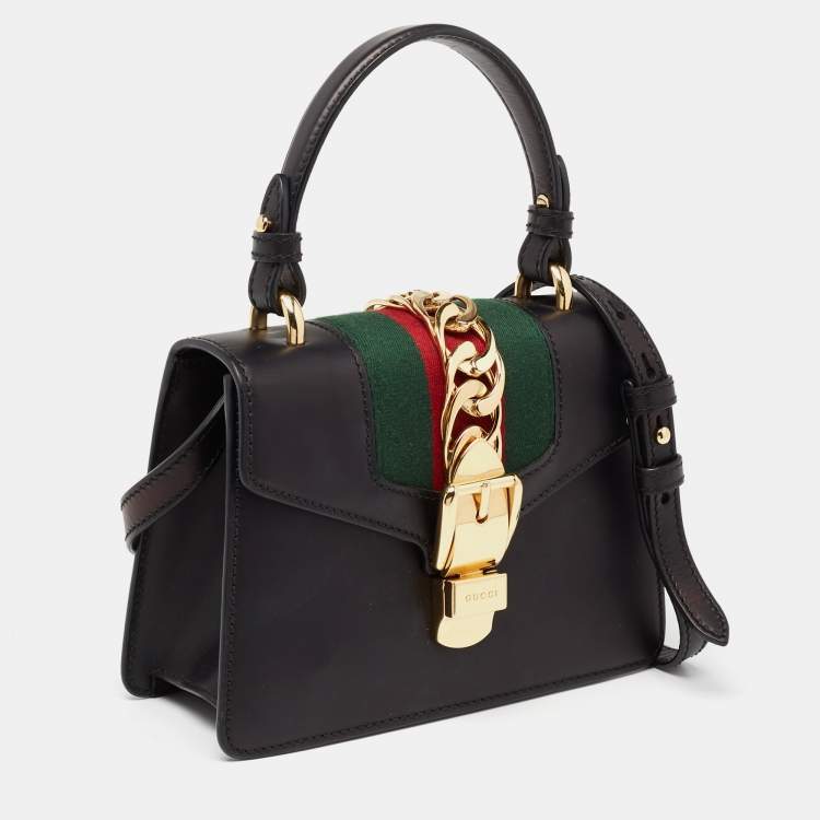Pre Owned Gucci Black Leather Mini Web Chain Sylvie Top Handle Bag