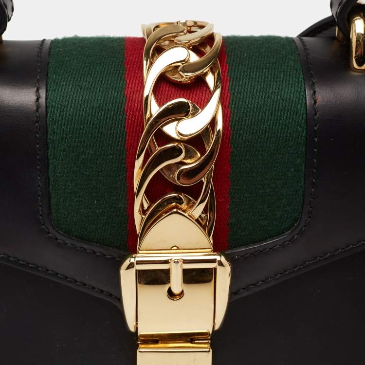 Pre Owned Gucci Black Leather Mini Web Chain Sylvie Top Handle Bag