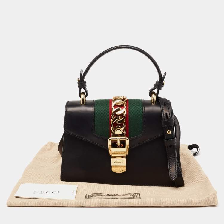 Pre Owned Gucci Black Leather Mini Web Chain Sylvie Top Handle Bag