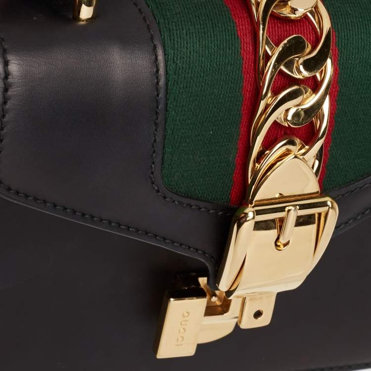 Pre Owned Gucci Black Leather Mini Web Chain Sylvie Top Handle Bag
