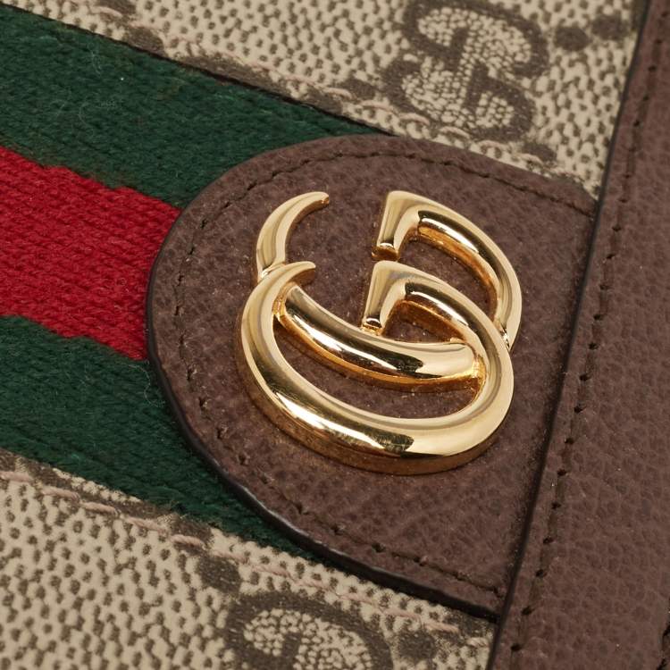 Pre Owned Gucci Beige/Brown GG Supreme Canvas and Leather Ophidia Web Compact Wallet