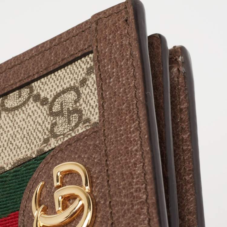 Pre Owned Gucci Beige/Brown GG Supreme Canvas and Leather Ophidia Web Compact Wallet