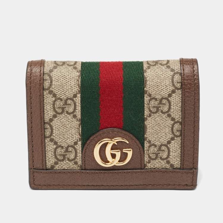 Pre Owned Gucci Beige/Brown GG Supreme Canvas and Leather Ophidia Web Compact Wallet