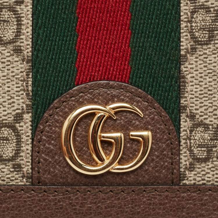 Pre Owned Gucci Beige/Brown GG Supreme Canvas and Leather Ophidia Web Compact Wallet