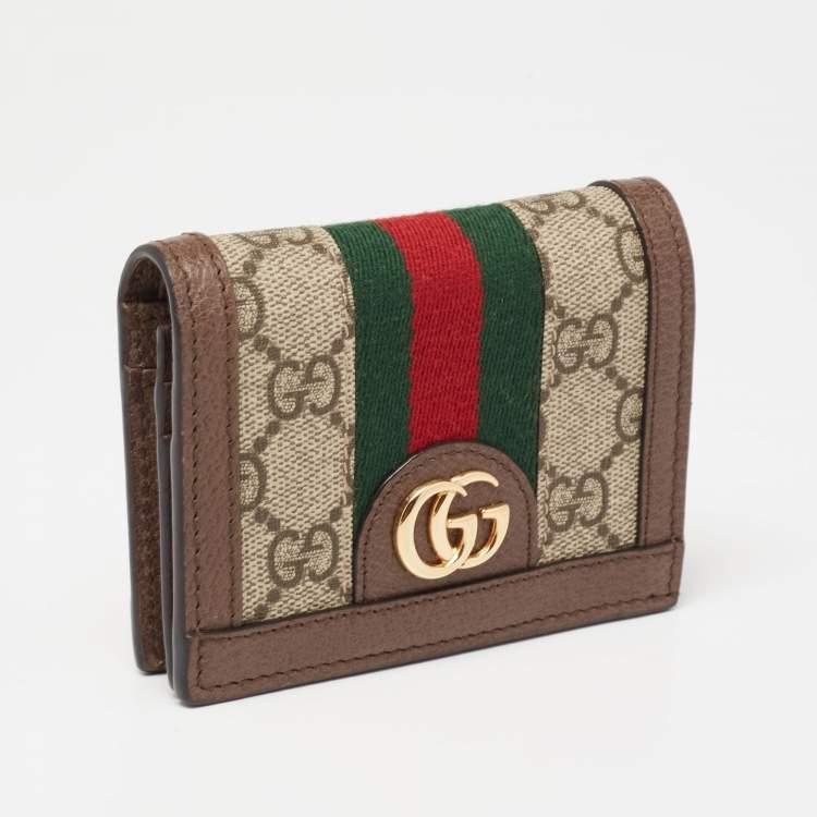Pre Owned Gucci Beige/Brown GG Supreme Canvas and Leather Ophidia Web Compact Wallet