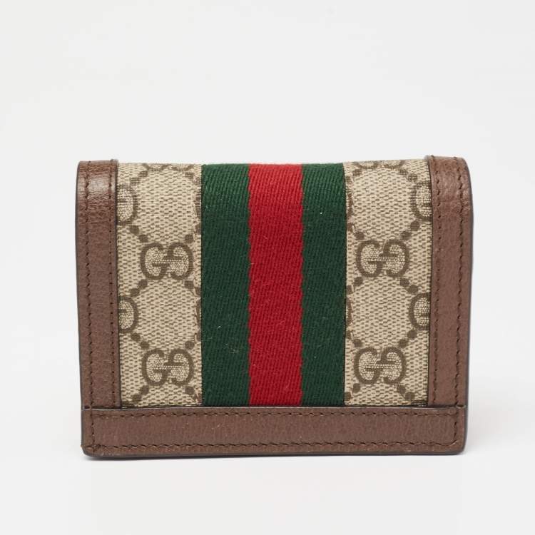 Pre Owned Gucci Beige/Brown GG Supreme Canvas and Leather Ophidia Web Compact Wallet