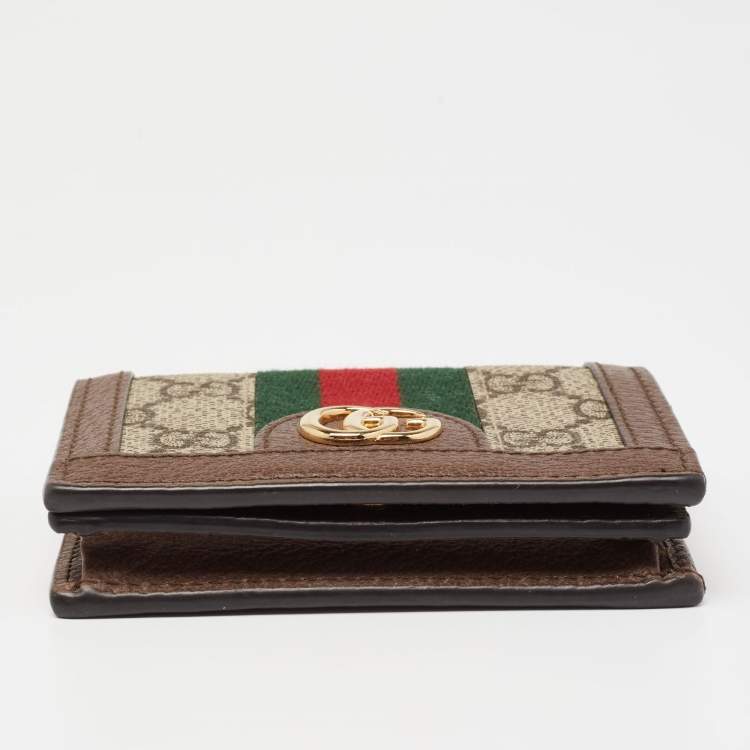 Pre Owned Gucci Beige/Brown GG Supreme Canvas and Leather Ophidia Web Compact Wallet