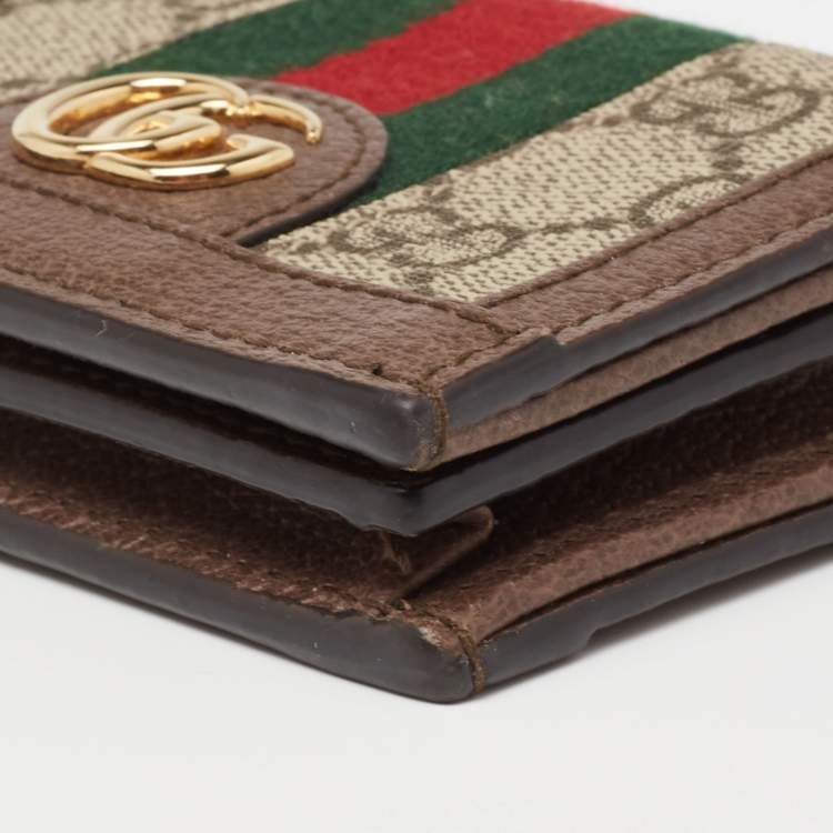 Pre Owned Gucci Beige/Brown GG Supreme Canvas and Leather Ophidia Web Compact Wallet