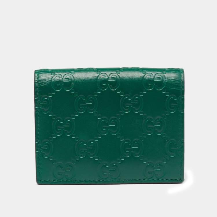 Pre Owned Gucci Green Guccissima Leather Flap Card Case