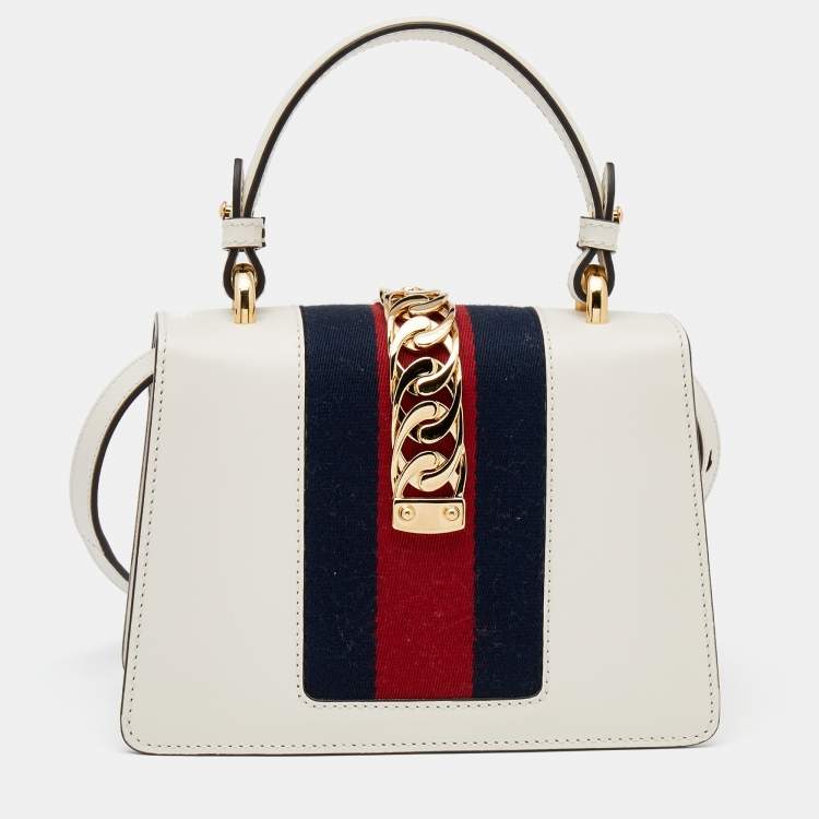مملوكة مسبقًا Gucci White Leather Mini Web Chain Sylvie Top Handle Bag