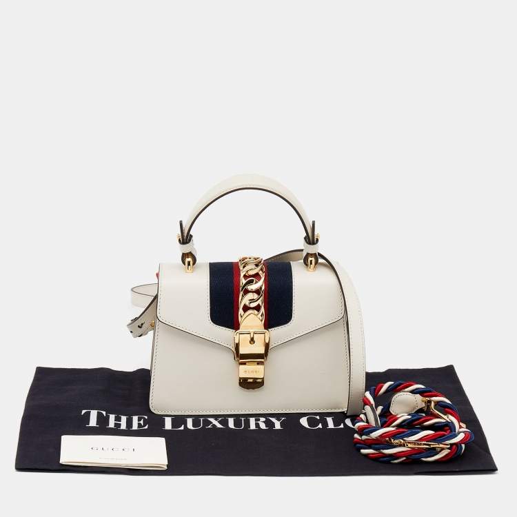 مملوكة مسبقًا Gucci White Leather Mini Web Chain Sylvie Top Handle Bag