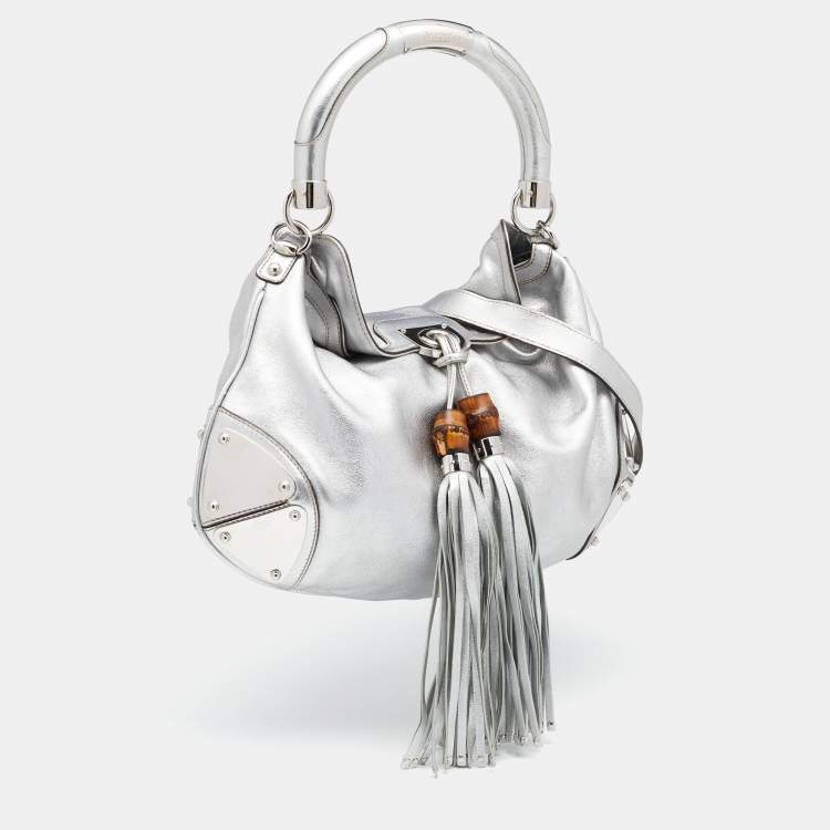 Pre Owned Gucci Metallic Silver Leather Medium Babouska Indy Hobo