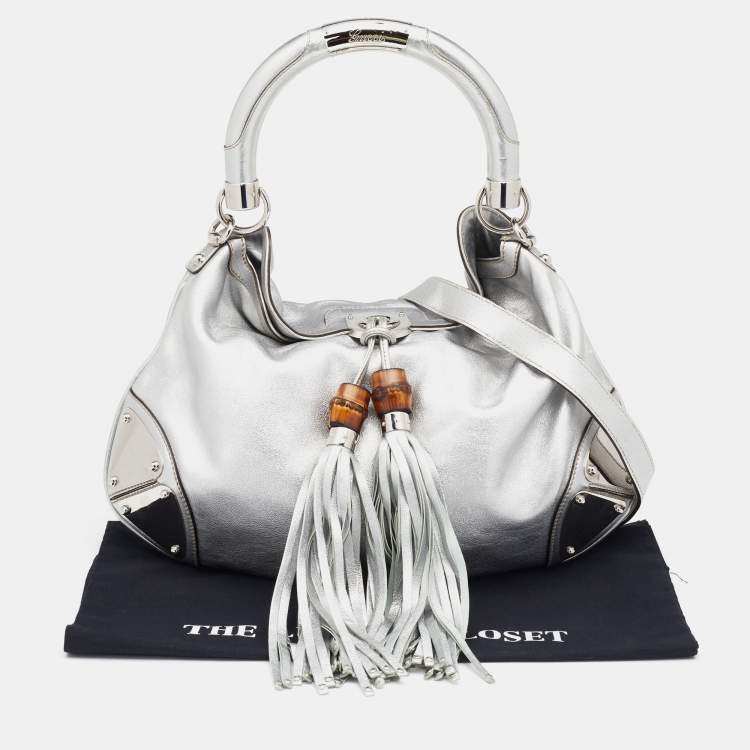 Pre Owned Gucci Metallic Silver Leather Medium Babouska Indy Hobo