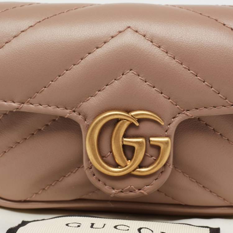 Pre Owned Gucci Beige Matelassé Leather GG Marmont Coin Purse with Chain