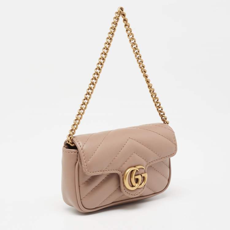 Pre Owned Gucci Beige Matelassé Leather GG Marmont Coin Purse with Chain