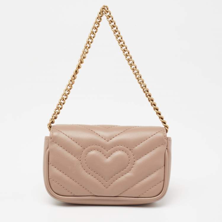 Pre Owned Gucci Beige Matelassé Leather GG Marmont Coin Purse with Chain