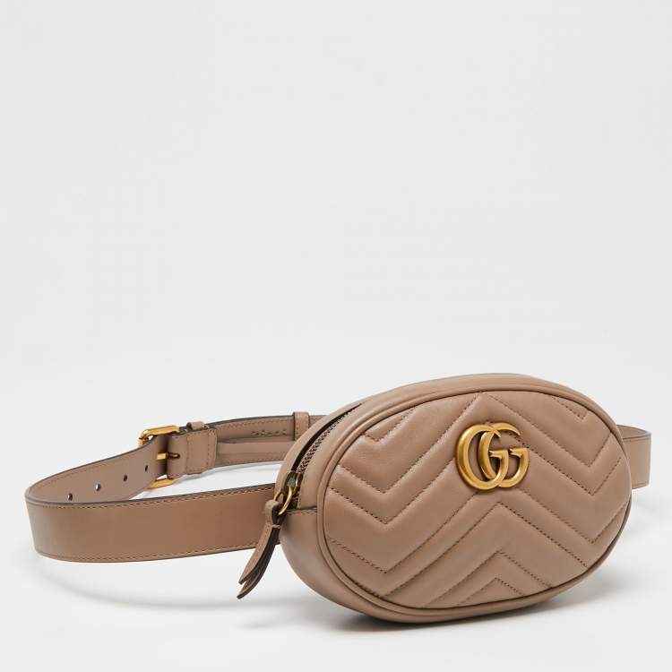 Pre Owned Gucci Beige Matelassé Leather GG Marmont Belt Bag