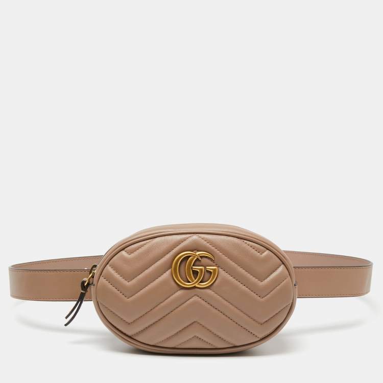 Pre Owned Gucci Beige Matelassé Leather GG Marmont Belt Bag