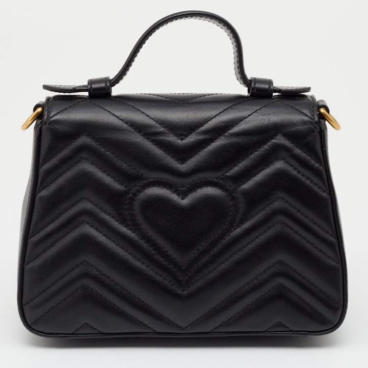 Pre Owned Gucci Black Matelassé Leather Mini GG Marmont Top Handle Bag